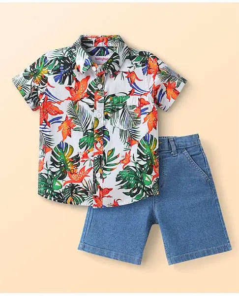 Babyhug Cotton Woven Half Sleeves Animal Printed Shirt & Denim Shorts Set - White & Blue