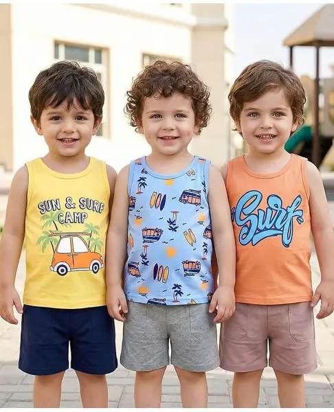 Babyoye Cotton Elastane Knit Sleeveless Vests With Beach Theme Print Pack Of 3 - Yellow Blue & Orange