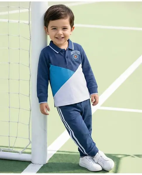 Babyhug Single Jersey Knit Full Sleeves Cut & Sew Embroidered Collared T-Shirt & Jogger with Tape Detailing - Blue & White