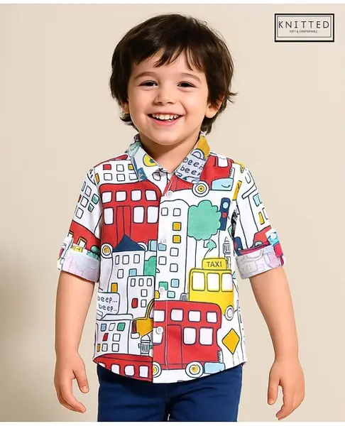 Babyhug Cotton Pique Textured Knit Full Sleeves Shirt With Cityscape Print - White