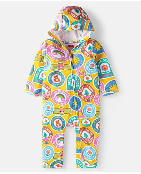 Babyhug 100% Cotton Knit Full Sleeves Hooded Romper with Text & Bear Print - Yellow Blue & Pink