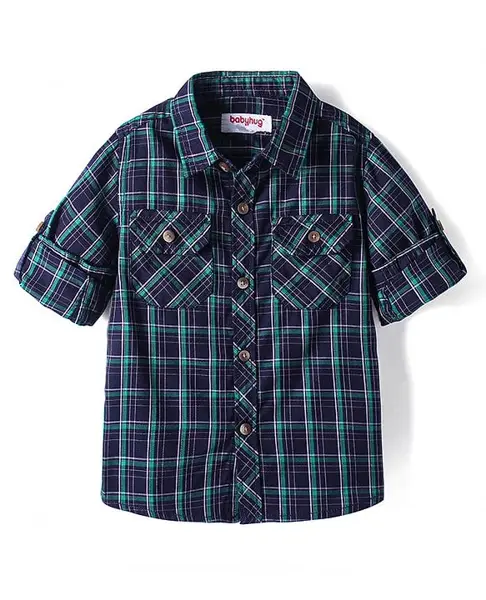 Babyhug Cotton Woven Full Sleeves Checkered Shirt - Navy Blue