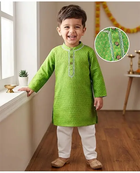 Babyhug Cotton Woven Cambric Dobby Embroidered Full Sleeves Kurta Pyjama Set - Green