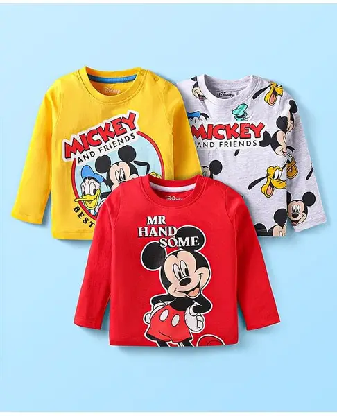 Babyhug Disney Single Jersey Knit Full Sleeves T-Shirts With Mickey Mouse Graphics Pack of 3 - Red Orange & White