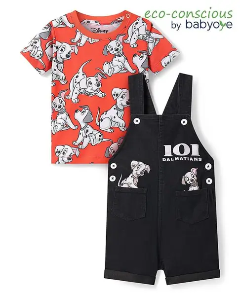 Babyoye Disney Single Jersey Knit Half Sleeves 101 Dalmatians Printed T-Shirt & Denim Dungaree - Black & Orange