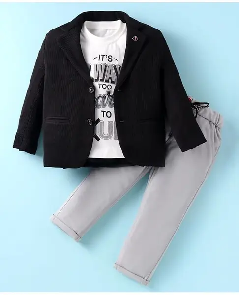 Rikidoos Full Sleeves Solid Ribbed Blazer With Tee & Pant - Black & Grey