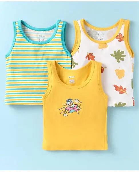 OHMS Single Jersey Knit Sleeveless Sando Vests With Airplane & Leaf Print Pack of 3 - Yellow White & Green