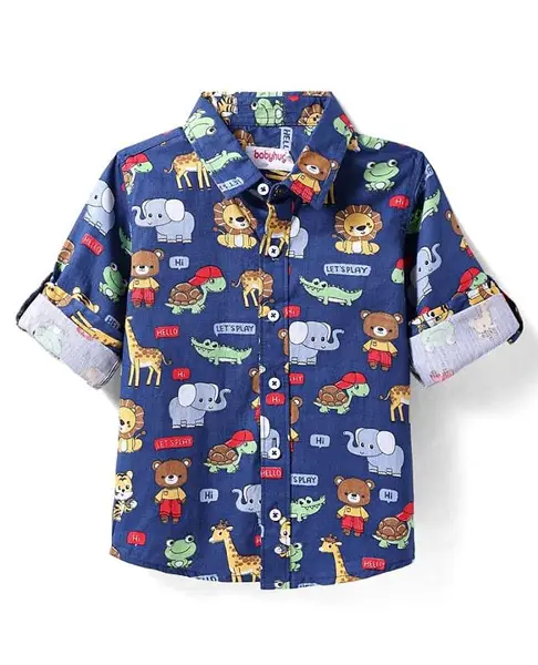 Babyhug Cotton Woven Full Sleeves Shirt with Animal Print - Navy Blue