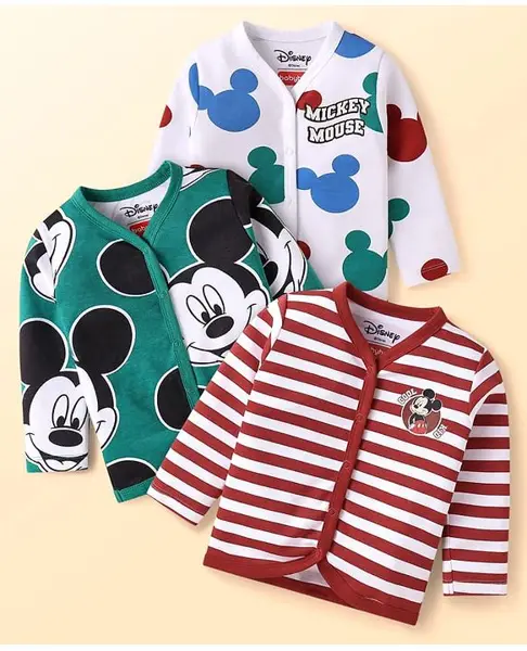 Babyhug Disney Interlock Knit Full Sleeves Front Open Jhablas With Mickey Mouse Graphics Pack Of 3 - White Dark Green