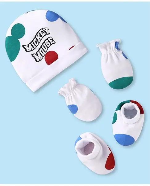 Babyhug Disney Interlock Knit Cap Mittens & Booties With Mickey Mouse Print White - Diameter 10.5 cm