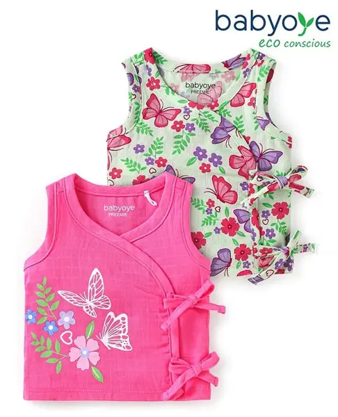 Babyoye Muslin Knit Sleeveless Vests Floral & Butterfly Print Pack Of 2 - Pink & Light Green