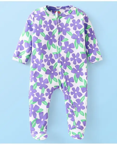 Babyhug Cotton Knit Full Sleeves Footed Sleepsuit with Floral Print - Lavender