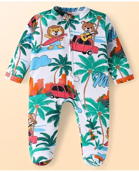 Babyhug Cotton Knit Full Sleeves Footed Sleep Suit With Animals & Vehicle Print - White & Green