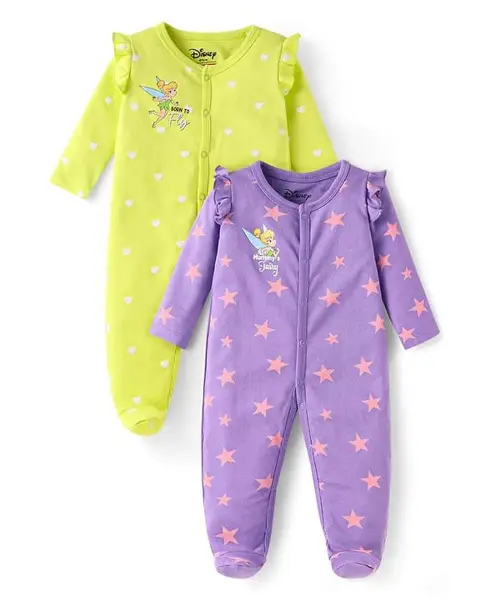 Babyhug Disney Interlock Knit Full Sleeves Sleep Suits with Tinker Bell Graphics & Frill Detailing Pack of 2 - Green & Purple