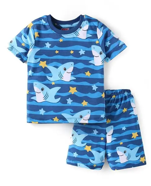 Babyhug Cotton Knit Half Sleeves Shorts Night Suit with Shark Print - Blue