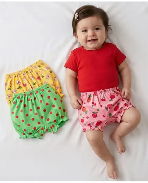 Babyoye Cotton Elastane Knit Bloomers With Polka Dots Floral & Fruit Print Pack Of 3 - Pink Green & Yellow