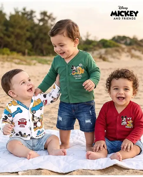 Babyhug Disney Interlock Knit Full Sleeves Jhablas With Mickey Mouse Graphics Pack of 3 - Red Green & White