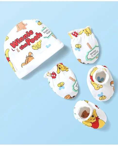Babyhug Disney Interlock Knit Cap Mittens & Booties With Winnie The Pooh Graphics - White