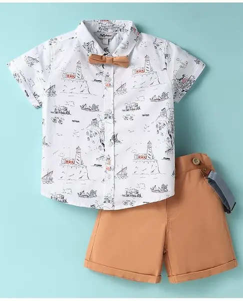ToffyHouse Poplin Woven Half Sleeves Printed Shirt & Shorts With Bow & Suspender - White & Peach