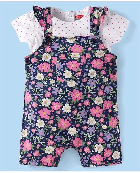 Babyhug Single Jersey Knit Half Sleeves Polka Dots & Floral Printed Top & Dungaree Style Romper with Frill Detailing - Navy & White