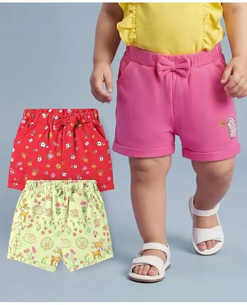 Babyoye Interlock Knit With Eco Jiva Finish Shorts With Animal & Floral Print Pack of 3 - Red Lime Green & Pink