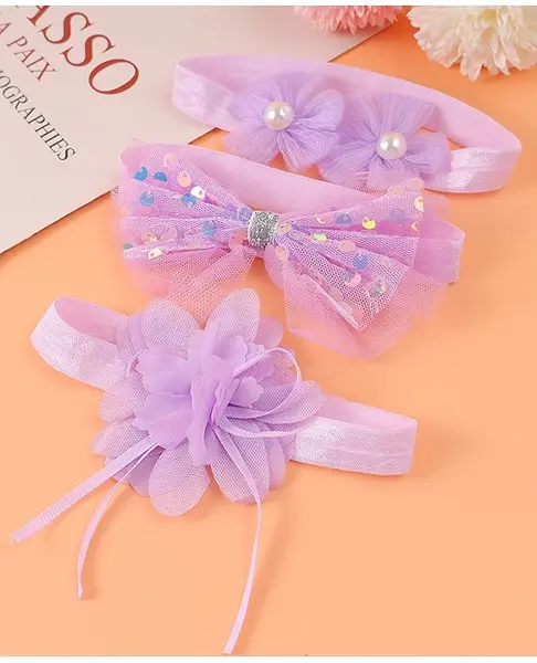Babyhug Free Size Headbands With Floral & Bow Applique With Pearl Detailing Pack Of 3 - Purple