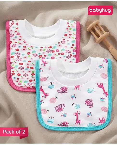 Babyhug 100 % Cotton Pullover Bibs Giraffe & Floral Theme Print Set of 2 - Pink & Blue