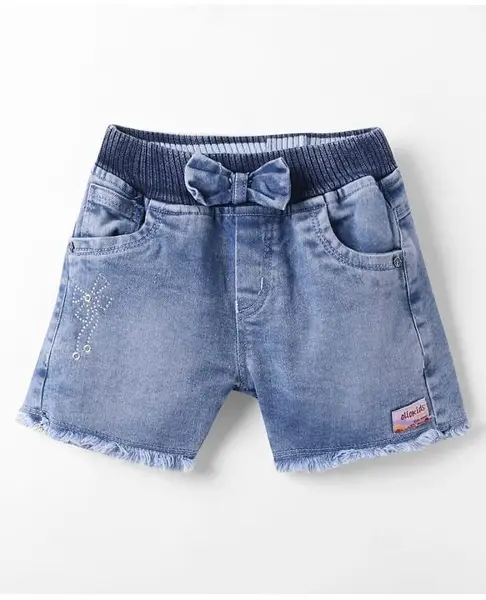 Olio Kids Woven Above Knee Length Denim Shorts With Glitter Print & Bow Applique - Light Blue