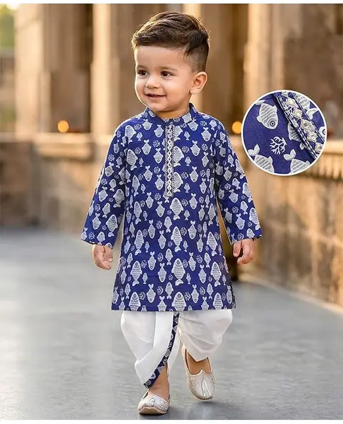 Babyhug Cotton Woven Full Sleeves Kurta Dhoti Set With Fish Print - Navy Blue
