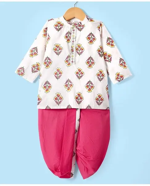 Babyhug Cotton Woven Full Sleeves Dhoti Kurta Set With Floral Print - White