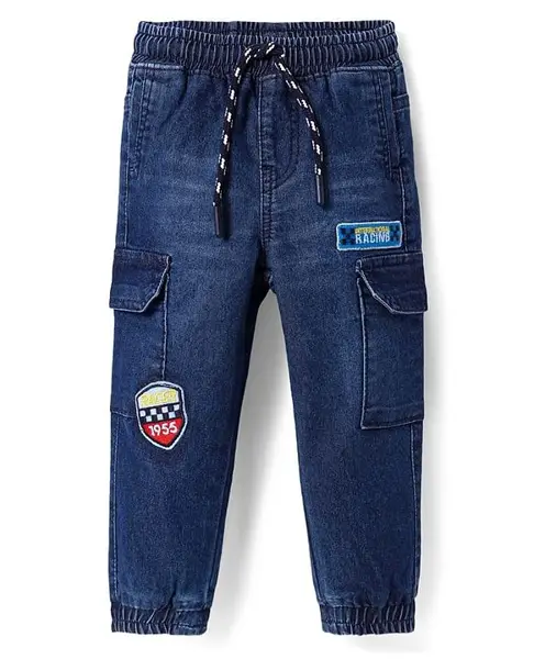 Babyhug Denim Washed Full Length Jeans With Stretch Cargo Pockets & Embroidered Patches - Navy Blue