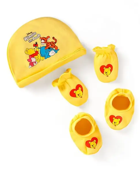 Babyhug Disney Interlock Knit Caps Mitten & Booties Set with Winnie the Pooh Graphics Yellow - Diameter 11 cm