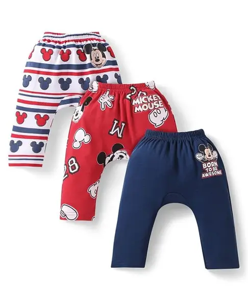 Babyhug Disney Interlock Knit Ankle Length Diaper Leggings with Mickey Mouse & Graphics Pack of 3 - Navy Blue Red White