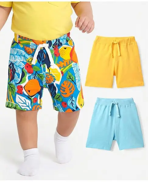 Babyhug Cotton Knit Mid Thigh Shorts with Tropical Theme Print Pack of 3 - Yellow & Light Blue
