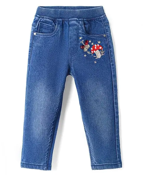 Babyhug Full Length Washed Denim Jegging With Mushroom Embroidery & Stretch - Blue