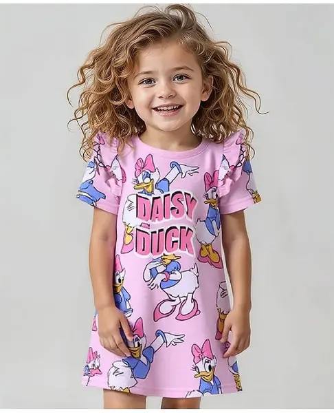 Babyhug DIsney Single Jersey Knit Half Sleeves Nighty With Daisy Duck Print & Frill Detailing - Pink
