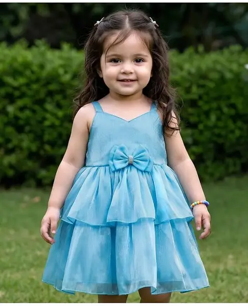 Babyhug Woven Sleeveless Solid Party Dress With Bow Applique - Light Blue