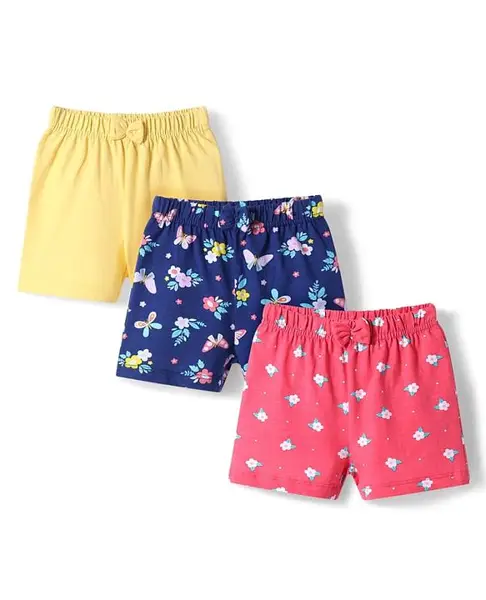 Babyhug Cotton Knit Mid Thigh Length Shorts with Floral Print & Bow Applique Pack of 3 - Red Yellow & Navy Blue