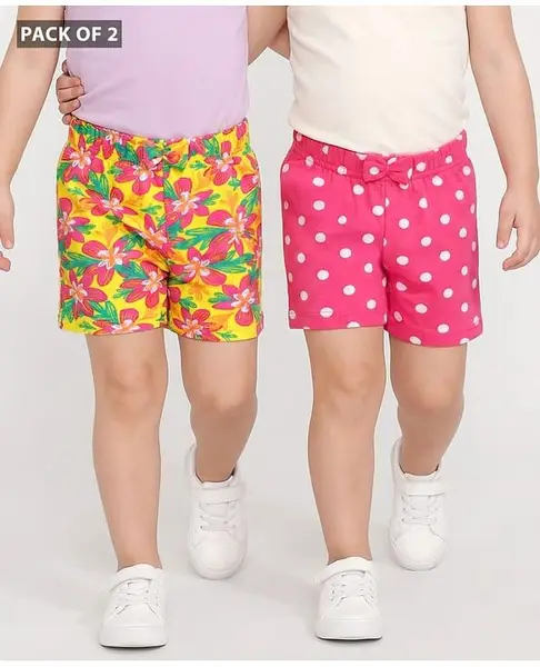 Babyhug Cotton Knit Mid Thigh Length Polka Dots & Floral Printed Shorts with Bow Applique Pack of 2 - Dark Pink & Yellow
