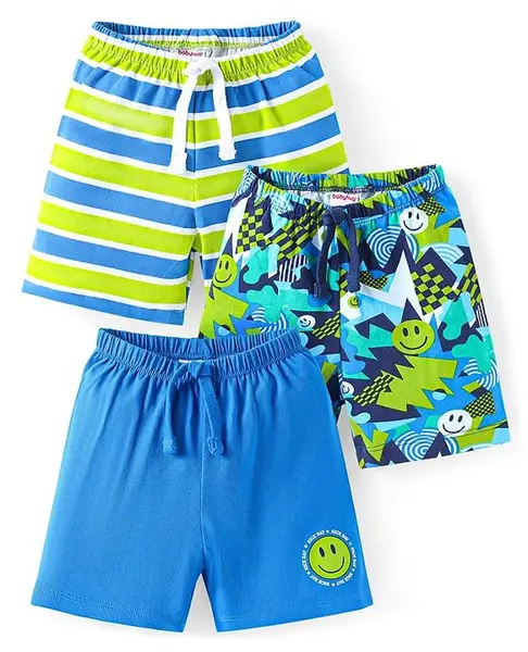 Babyhug Cotton Knit Mid Thigh Length Shorts with Smiley Print & Stripes Pack of 3 - Light Green & Blue