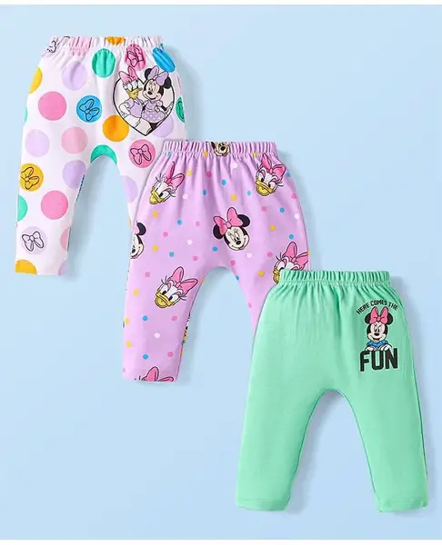 Babyhug Disney Interlock Knit Full Length Diaper Leggings With Minnie & Friends Graphic Set Of 3 - Pink & White