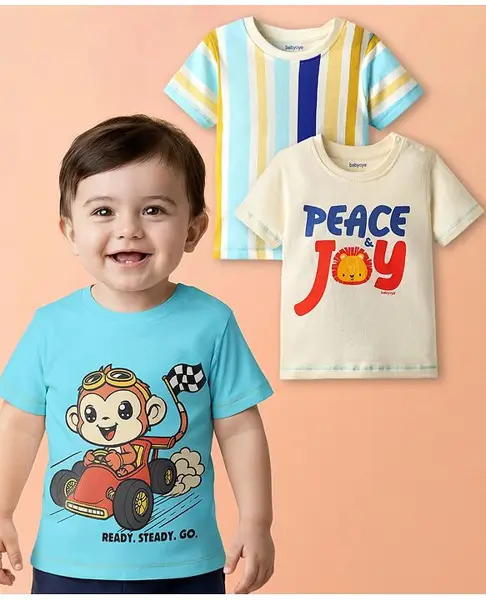Babyoye 100% Cotton Knit Half Sleeves T-Shirt With Stripes & Animal Print - Light Blue & White