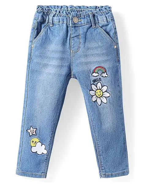 Babyhug Full Length Washed Denim Jeans with Stretch & Sun Embroidery - Light Blue