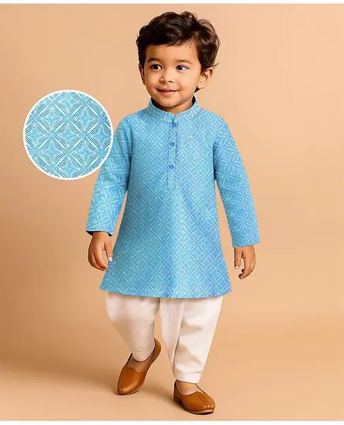 Babyhug Cotton Woven Full Sleeves Embroidered Dhoti Kurta Set - White & Light Blue