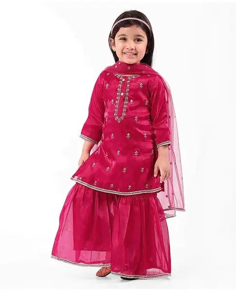 Babyhug Woven Three Fourth Sleeves Georgette Embroidered Kurti Gharara With Dupatta - Dark Pink
