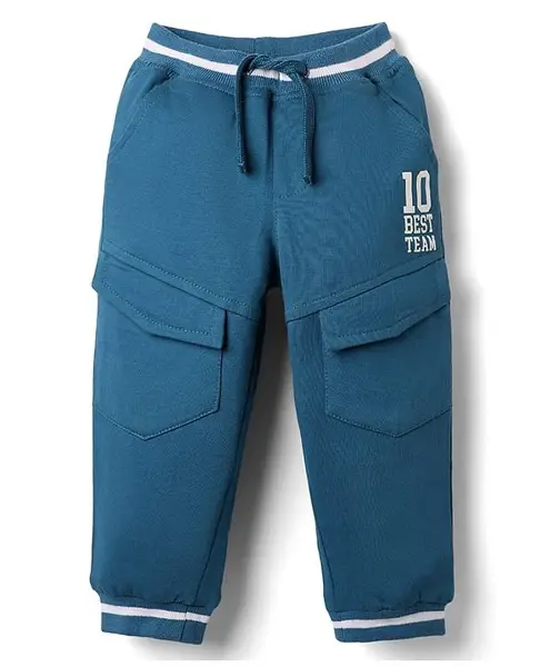 Babyhug Cotton Looper Knit Full Length Cut & Sew Lounge Pant with Text Print & Detailing - Teal Blue