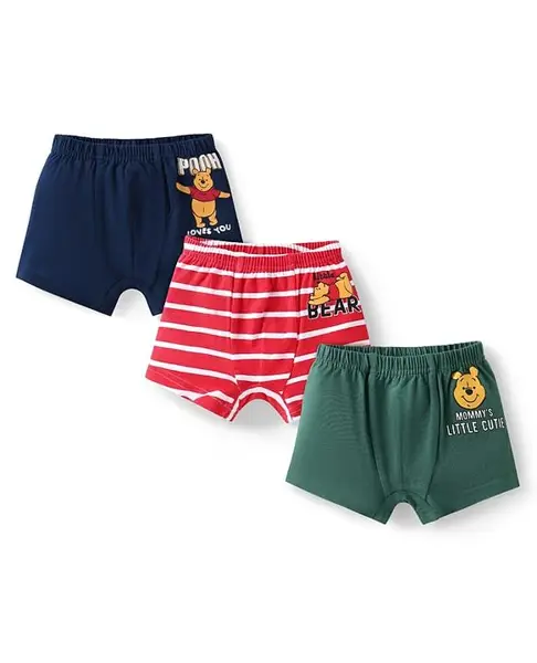 Babyhug Disney Interlock Knit Trunks With Winnie The Pooh Graphics Pack Of 3 - Red & Dark Green