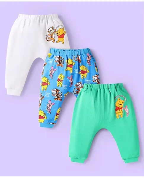 Babyhug Disney Interlock Knit Full Length Diaper Leggings With Winnie The Pooh Print Pack Of 3 - White Light Blue & Green