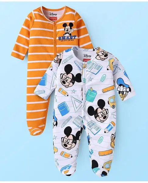 Babyhug Disney Interlock Knit Full Sleeves Footed Sleepsuits With Mickey Mouse Graphics Pack Of 2 - White & Mustard