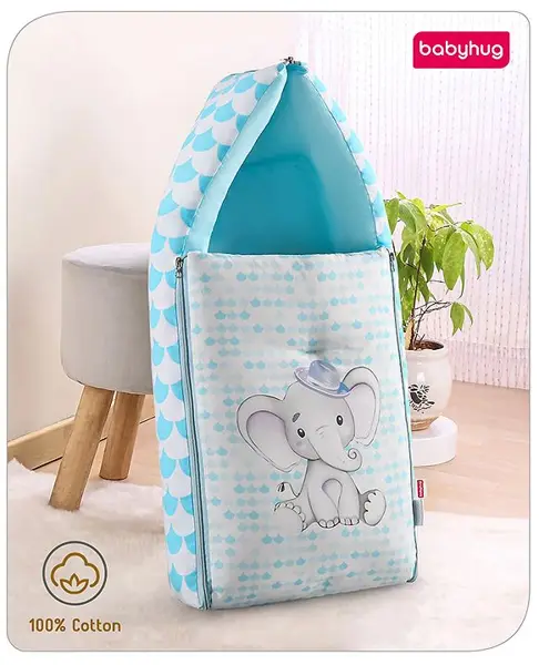 Babyhug 100% Cotton Digital Print Sleeping Bag Elephant Print - Blue